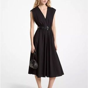 MICHAEL KORS STRETCH ORGANIC COTTON POPLIN MIDI BELTED DRESS XL BLACK